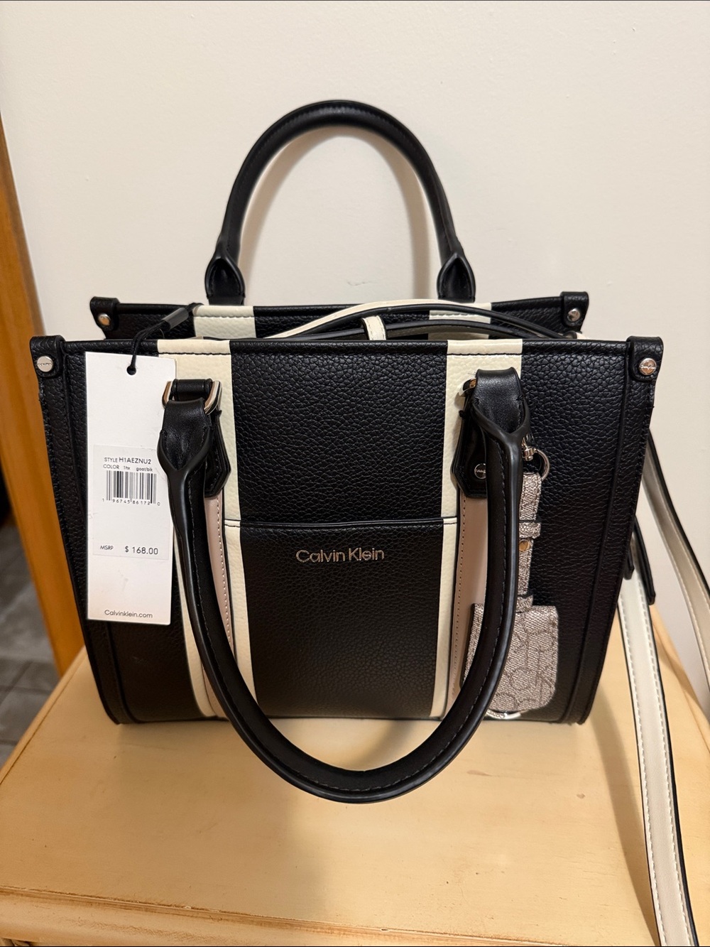 Calvin Klein Black and Cream Panelled Pebbled Leather Satchel 10x9x5